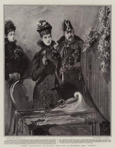 Alexandra királynő elindítja az új H M S Queen csatahajót alkotó: Sydney Prior Hall
