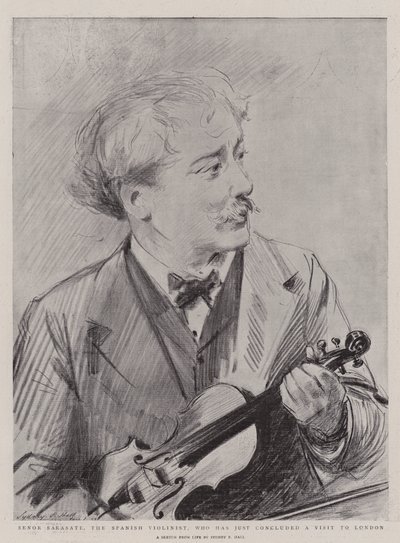 Senor Sarasate, a spanyol hegedűművész, aki most fejezte be látogatását Londonban alkotó: Sydney Prior Hall