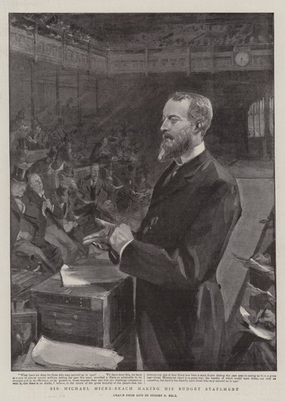 Sir Michael Hicks-Beach elkészíti költségvetési kimutatását alkotó: Sydney Prior Hall