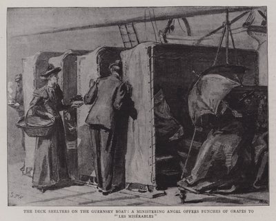 A fedélzeti menedék a Guernsey-hajón, egy segítő angyal szőlőfürtöket kínál a Les Miserables-nek alkotó: Sydney Prior Hall