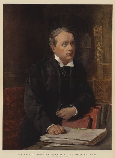 Rosebery grófja beszédet mond a Lordok Házában (chromolitho) alkotó: Sydney Prior Hall