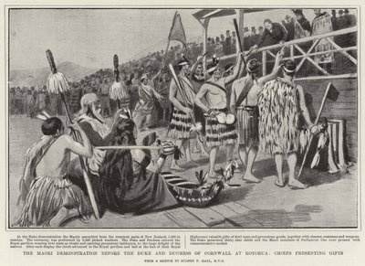 A maori tüntetés Cornwall hercege és hercegnéje előtt Rotoruában, ajándékokat átadó főnökök alkotó: Sydney Prior Hall