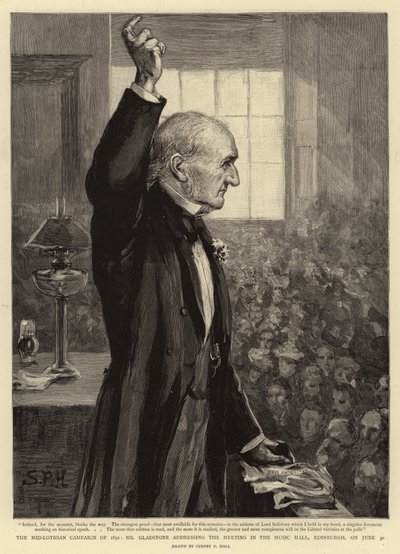 Az 1892-es közép-lothi hadjárat, Gladstone úr beszédet mond az edinburgh-i Music Hallban tartott találkozón június 30-án alkotó: Sydney Prior Hall