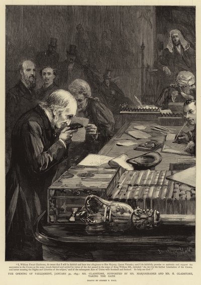 A parlament megnyitása, 1893. január 31. Gladstone úr, Marjoribanks úr és H Gladstone úr támogatásával letette az esküt alkotó: Sydney Prior Hall