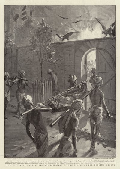 A pestis Bombayben, a hinduk a Burning Ghautsban dobják el halottaikat alkotó: Sydney Prior Hall