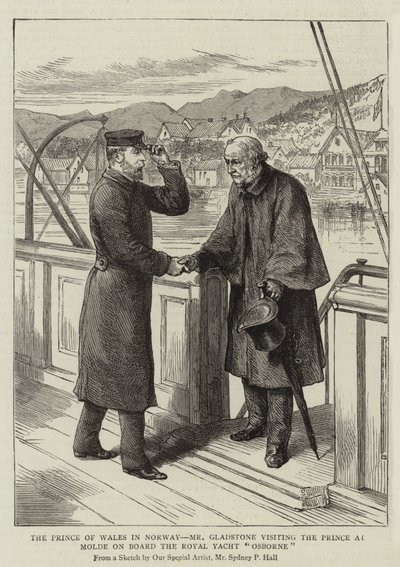 A walesi herceg Norvégiában, Mr Gladstone meglátogatja a herceget Moldében az Osborne Royal Yacht fedélzetén alkotó: Sydney Prior Hall