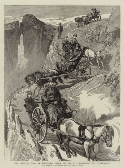 A walesi herceg Norvégiában, a herceg és lakosztálya a Stalheimsklevben alkotó: Sydney Prior Hall