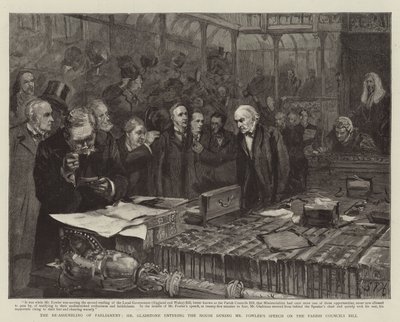 A Parlament újragyűlése, Gladstone úr belépett a Házba Fowler úr beszéde közben a plébániai tanácsokról szóló törvényjavaslatról alkotó: Sydney Prior Hall