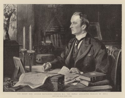 George Nathaniel Curzon parlamenti képviselő, India újonnan kinevezett alkirálya alkotó: Sydney Prior Hall