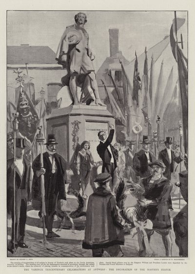 Az antwerpeni Vandyck-tercentenáriumi ünnepségek, a mester szobrának díszítése alkotó: Sydney Prior Hall
