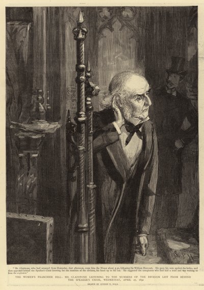 A nők választójogáról szóló törvényjavaslat, Gladstone úr a házelnöki szék mögül hallgatja az osztályválasztási lista számait, 1892. április 27., szerda, 1892. április 27. alkotó: Sydney Prior Hall
