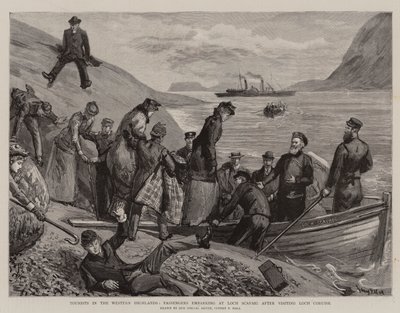 Turisták a Nyugati-fennsíkon, utasok a Loch Coruisk meglátogatása után a Loch Scavaignél szállnak be a hajóba. alkotó: Sydney Prior Hall