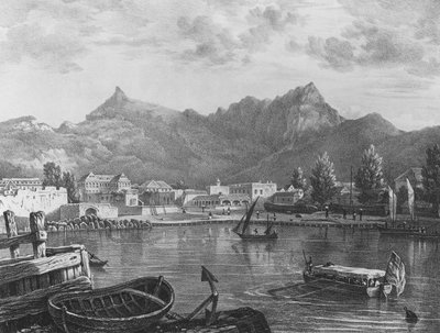 Port Louis, Mauritius, a kikötő keleti oldaláról, 1830 körül (kőnyomat) alkotó: T. (after) Bradshaw