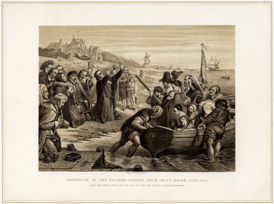 „A zarándokatyák indulása Delft Havenből, 1620. július”, 19. század. alkotó: T Bauer