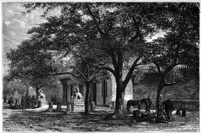 A francia követség a 19. században lépett be Pekinbe (Peking). Metszet Taylor rajzából, Dr. Morache fényképéből, a Le Tour du Monde-ban, Nouveau Journal des Voyages, Edouard Charton, Párizs alkotó: T Taylor