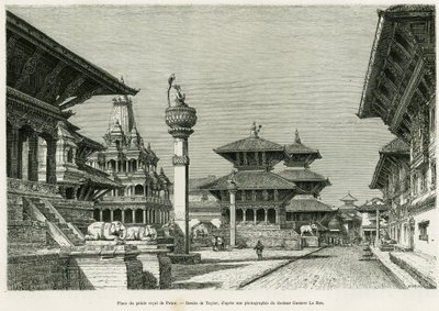 A Patan királyi palota helye (jelen Lalitpur). Taylor metszete az Utazás a nepáliban című történet illusztrálására, Dr. Gustave Le Bon (1841-1931), in le tour du monde 1886, rendező: Edouard Charton (1807-1890), Hachette, Párizs. alkotó: T Taylor