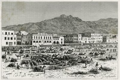 Áden (Jemen) menete. Taylor metszet, a „” Utazás Benadirba, Szomáliba és Bayounba” című történet illusztrálására, 1882-1883, M.G.Revoil. Megjelent a Le Tour du monde, nouveau Journal des voyages folyóiratban alkotó: T Taylor