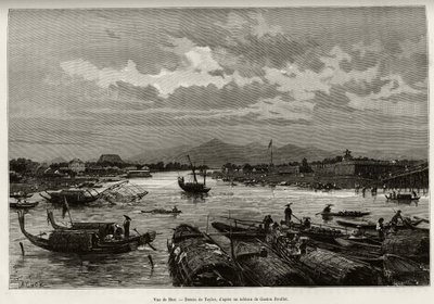 Kilátás Hue-ra (Vietnam), a Song Huong folyón történő navigáció leírásával és a Thien Mu pagodával, a falak mögött. Taylor metszete Dr. Charles Edouard Hocquard (1853-1911) „Trente mois au Tonkin” című történetének illusztrálására, 1885-ben, alkotó: T Taylor