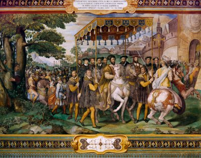 I. Ferenc köszönti V. Károlyt és Alessio Farnese bíborost Párizsban, Taddeo Zuccari (1529-1566), Palazzo Farnese, Caprarola, Olaszország alkotó: Taddeo Zuccari