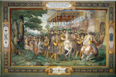 I. Ferenc király 1540-ben Párizsban fogadja V. Károlyt és Alessandro Farnese bíborost. 1559 alkotó: Taddeo Zuccari