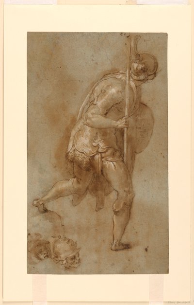 Soldier Running: Tanulmány a bal előtérben lévő alakhoz, "Krisztus árulása", Róma, S. Maria della Consolazione, Matttei-kápolna; Külön tanulmányok két fejről alkotó: Taddeo Zuccaro