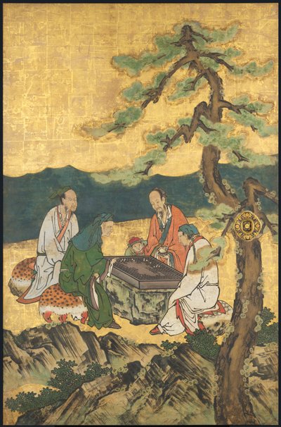 A Game of Go, a Négyestől 17. század eleji teljesítmények (Csúszó képernyő; tinta, szín és arany papíron) alkotó: Takanobu Kano