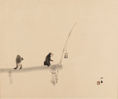 Woodblock nyomat – Két majom a mólón, 19. század vége – 20. század eleje alkotó: Takeuchi Seiko