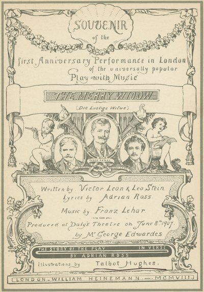 A víg özvegy első londoni jubileumi előadásának szuvenírjének címlapja (színes litó) alkotó: Talbot Hughes