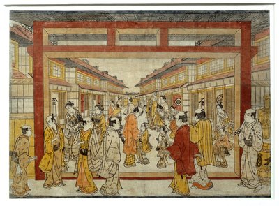 Nakano-Cho perspektivikus képe. Masanobu Tanaka japán nyomata, 1741 és 1748 között, Ukiyo-E stílusban. Párizs, Musee Guimet alkotó: Tanaka Masunobu
