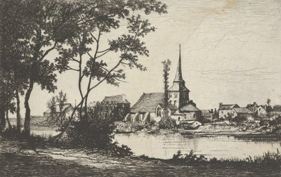 Város templommal a folyón túl, 19. század. alkotó: Tancrède Abraham