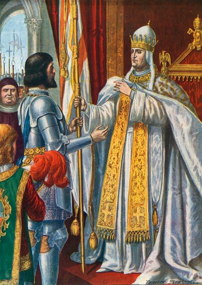 Alberico da Barbiano zászlót vesz át VI. Urban pápától, amely „Olaszország felszabadult a barbároktól” felirattal, 1379 alkotó: Tancredi Scarpelli