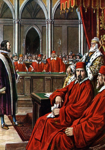 Krétai háború: Francesco Morosini per Candia ostroma után, akit gyávasággal és hazaárulással vádolnak Velencébe való visszatérésekor alkotó: Tancredi Scarpelli