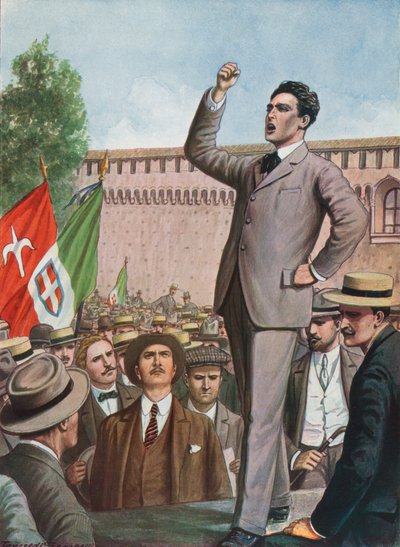 Filippo Corridoni a milánói tömeghez szól, amely Olaszország háborús beavatkozását követeli. alkotó: Tancredi Scarpelli
