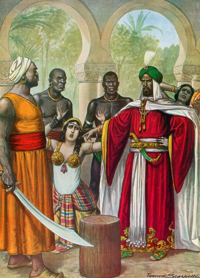 Ibn-Timnah azzal fenyegetőzik, hogy ereket vág fel felesége, Meimuna karjában alkotó: Tancredi Scarpelli