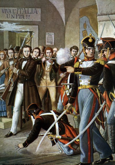 1830-as felkelő mozgalmak: Ciro Menotti (1798-1831) letartóztatása, a Carbonari Mozgalom (Carboneria, Coalwork) olasz hazafi tagja, a Modene, 1830, Olaszország” (Ciro Menotti háza elleni támadás a modenai lázadás során, Olaszország 1830) Illusztr alkotó: Tancredi Scarpelli