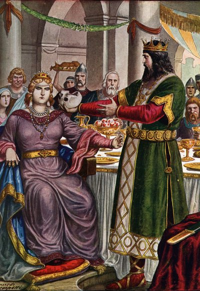 Alboin langobard király (kb. 526-572) kényszeríti feleségét, a gepida Rosemonde hercegnőt (meghalt 572-ben), hogy igyon egy pohárból, amelyet apja koponyájából, Cunimond formált az olaszországi veronai banketten (Rosamund (vagy Rosamunde) és férje, Alboin, alkotó: Tancredi Scarpelli