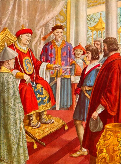 Marco Polo, a fiatalabb, bemutatják Kublai kánnak alkotó: Tancredi Scarpelli