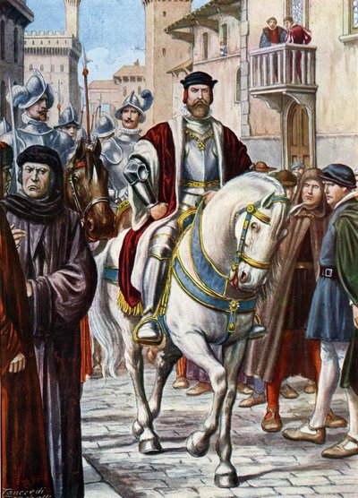 A toszkánai Cosimo (Gyere) I (Cosimo de Medici) (1519-1574) portréja Firenze utcáin keringett, és körülvette spanyol és német katonákból álló milíciájának tagjait (I de Medici Cosimo, Toszkána nagyhercegének portréja , védett alkotó: Tancredi Scarpelli