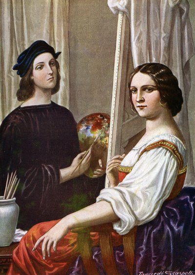 Raphael festő (Raffaello Sanzio 1483 - 1520) portréja a Fornarinát festve (Raphael olasz festő és a Fornarina nevű fiatal hölgy) Tancredi Scarpelli (1866-1937) illusztrációja a „Storia d
