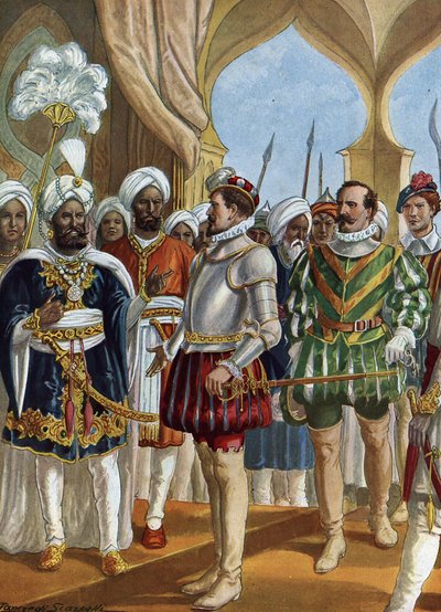 Pedro Alvares Cabral (1460-1526) portugál navigátor Calicut (Kozhikode) királyának (Zamorin) udvarában 1500.09.13-án, hogy tárgyaljon egy pult létrehozásáról, Indiában (Pedro Alvares Cabral portugál navigátor tárgyal a zamorinokkal Cali alkotó: Tancredi Scarpelli