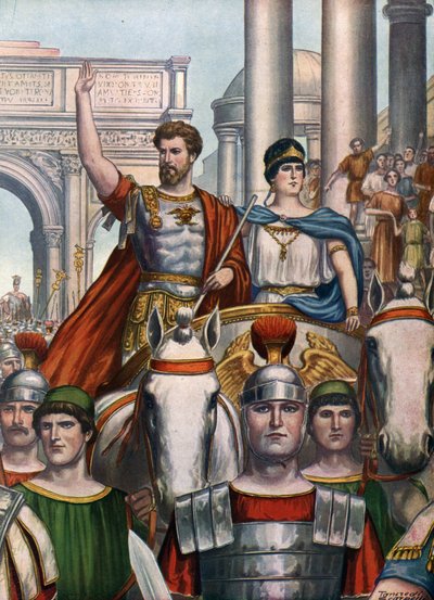 Római ókor: Septimius Severus császár (145-211) visszatér Rómába feleségével, Julia Domnával (170-217) i.sz. 193-ban” (Septimius Severus római császár és felesége, Julia Domna belép Rómába alkotó: Tancredi Scarpelli