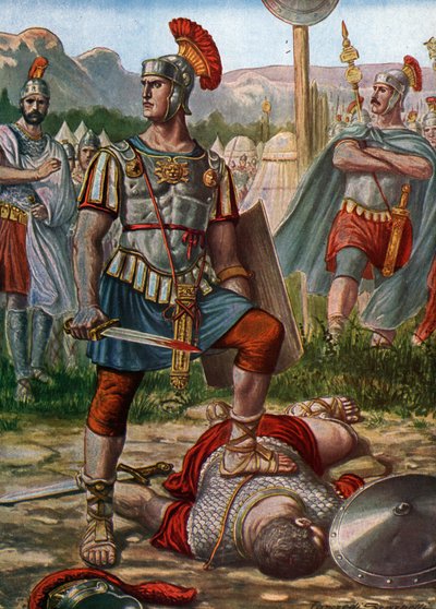 Római ókor: Titus Manlius Imperiosus Torquatus konzul ábrázolása, aki legyőzött egy gallit Kr.e. 361-ben - (Titus Manlius Torquatus egy gall harcos ellen harcol, aki kihívta a római hadsereget és megölte, ie 361) Tancredi Scarpelli (1866-193) illusztrációj alkotó: Tancredi Scarpelli