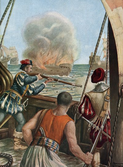 Második indiai expedíció (1502-1503) „” Tengeri csata a vasco de Gama és a kalicuti portugál flotta között, a portugálok kilőtték a Mekkából hazatérő Miri muszlim hajót, 1502. 10. 03.” (második út Vasco de Gama (1502-1503) alkotó: Tancredi Scarpelli