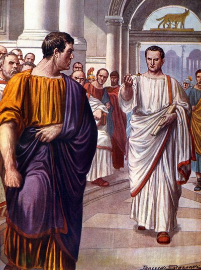 A római államférfi, Ciceron (Marcus Tullius Cicero) (Kr. e. 106-43) keresztezi Catilina (Lucius Sergius Catilina) (Kr. e. 108-62) összeesküvőt, akit Kr.e. 63-ban a katilináriusok beszédei során feljelent. Illusztráció: Tancredi Scarpelli (1866-1937) alkotó: Tancredi Scarpelli