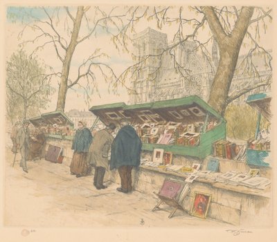 Könyves standok a Quai de Montebello-n, a Notre-Dame a háttérben alkotó: Tavík František Šimon (signed by artist)