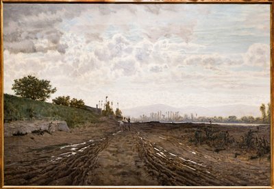 Reggel az Arno folyó mentén. Homokásók az Arno mentén, 1868 körül (olaj, vászon) alkotó: Telemaco Signorini