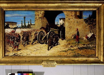 Avanti a braccia, a francia zouave-ok és a toszkán tüzérség behatolása Rubierába alkotó: Telemaco Signorini