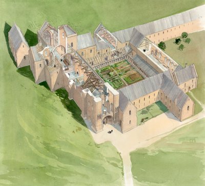 A Lilleshall Abbey légi felvétele, körülbelül 15. század vége, 1990-2010 alkotó: Terry Ball