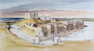 Illusztráció az észak-yorkshire-i York-kastélyról, ahogyan a 13. század végén lehetett, 1985 alkotó: Terry Ball