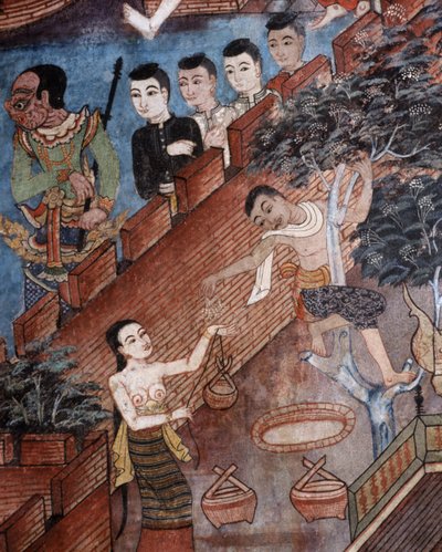 Részlet egy falfestményről a Viharnban, a Wat Phra Singhben alkotó: Thai School